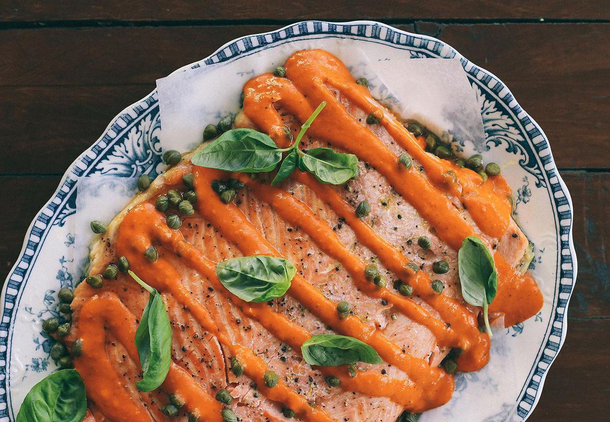 Roasted Salmon Recipe with Red Pepper Sauce - Viva